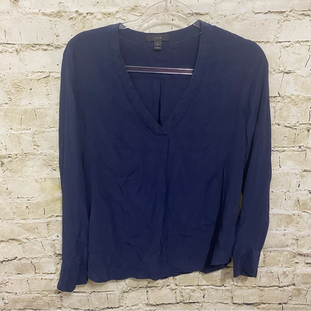 J Crew Navy Blue V Neck Silk Popover Blouse Top